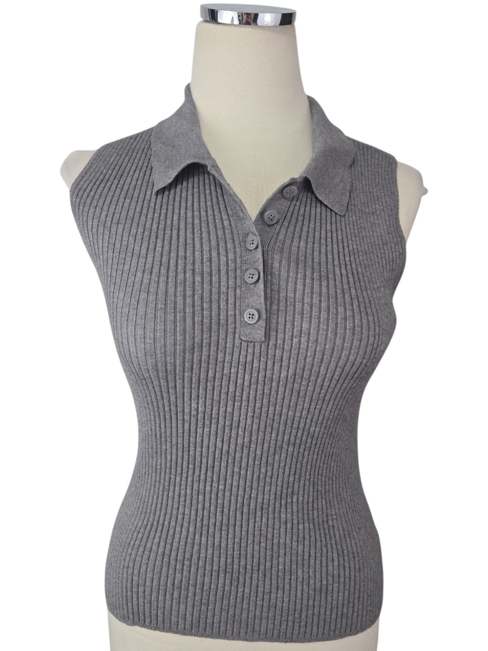 Quince Eco Knit Polo Sweater Tank Medium Heather Gray Ribbed Sleeveless Top